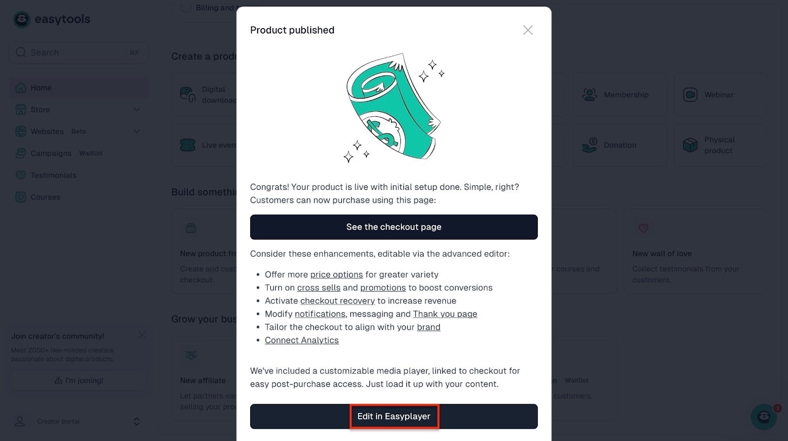 fenêtre de confirmation de publication du produit