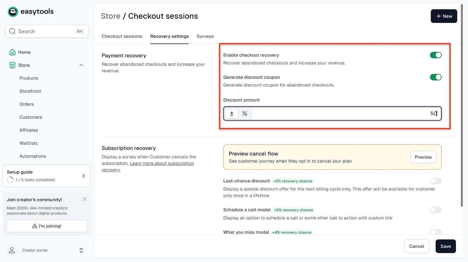 options de récupération de paiement avec champ de réduction