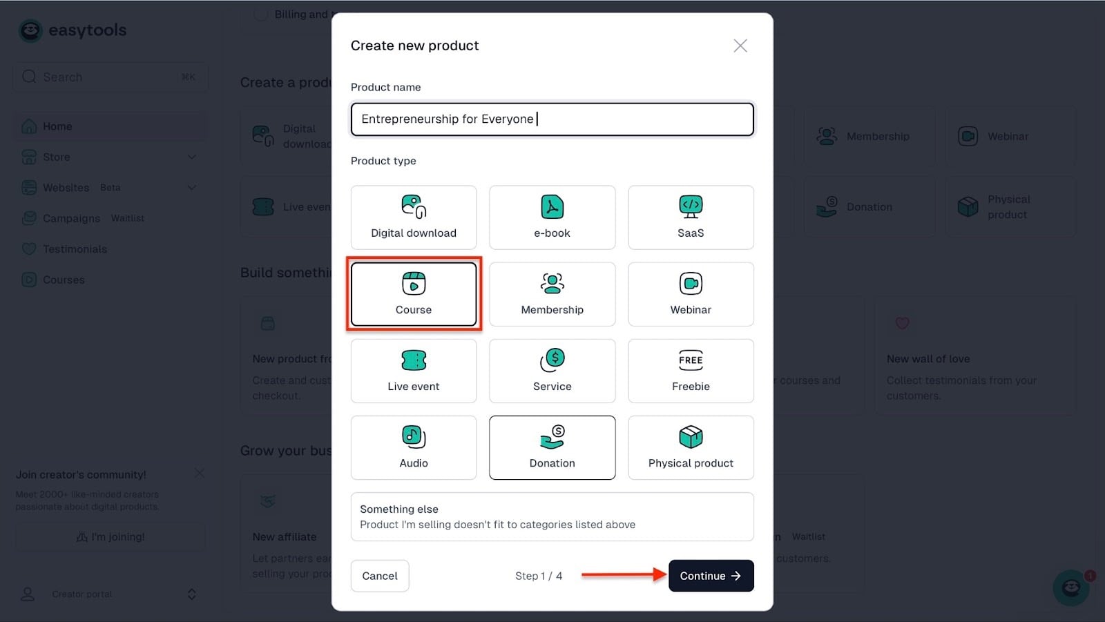 fenêtre de sélection du type de produit formation