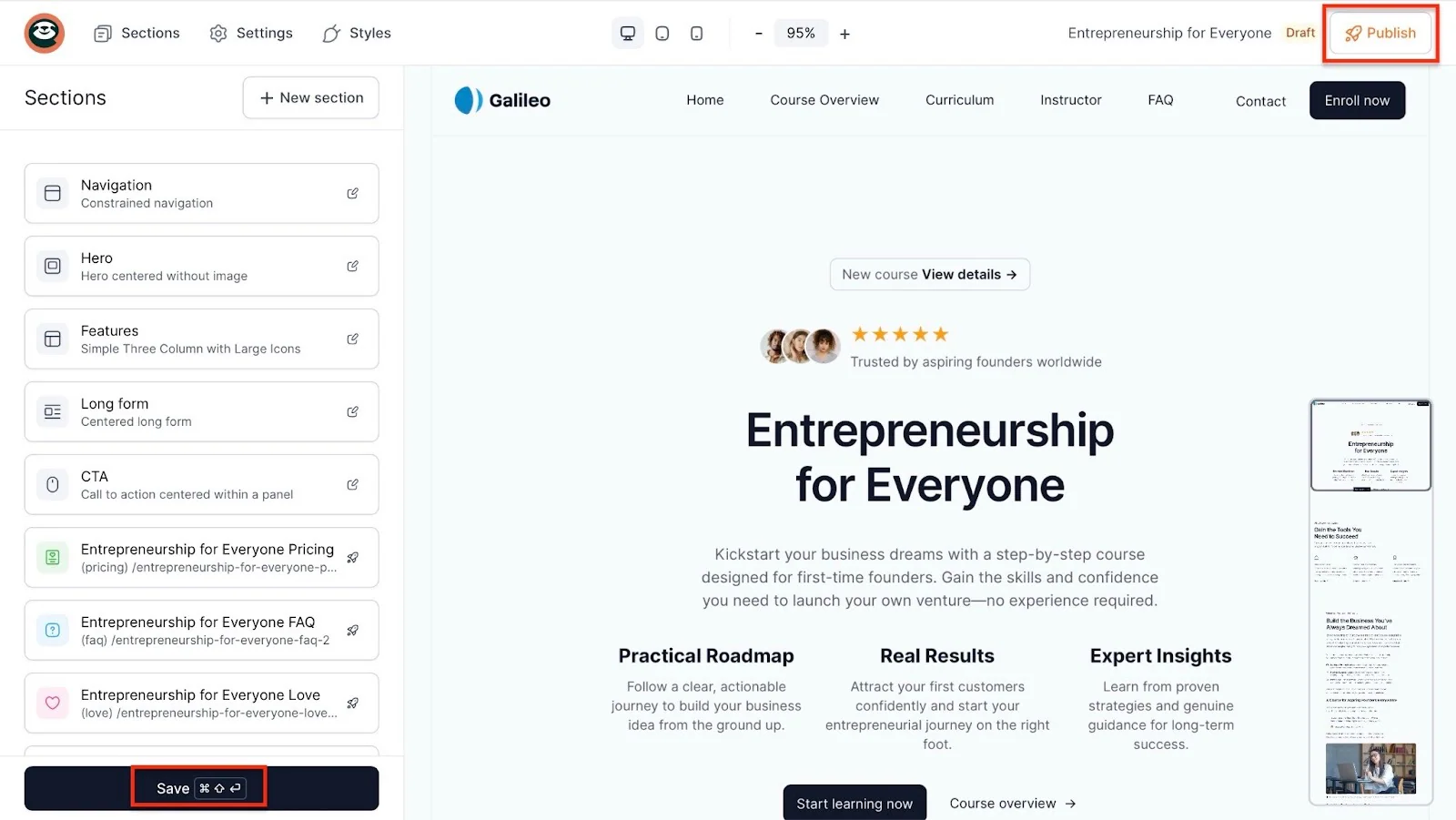 liste des sections de la page avec bouton publish