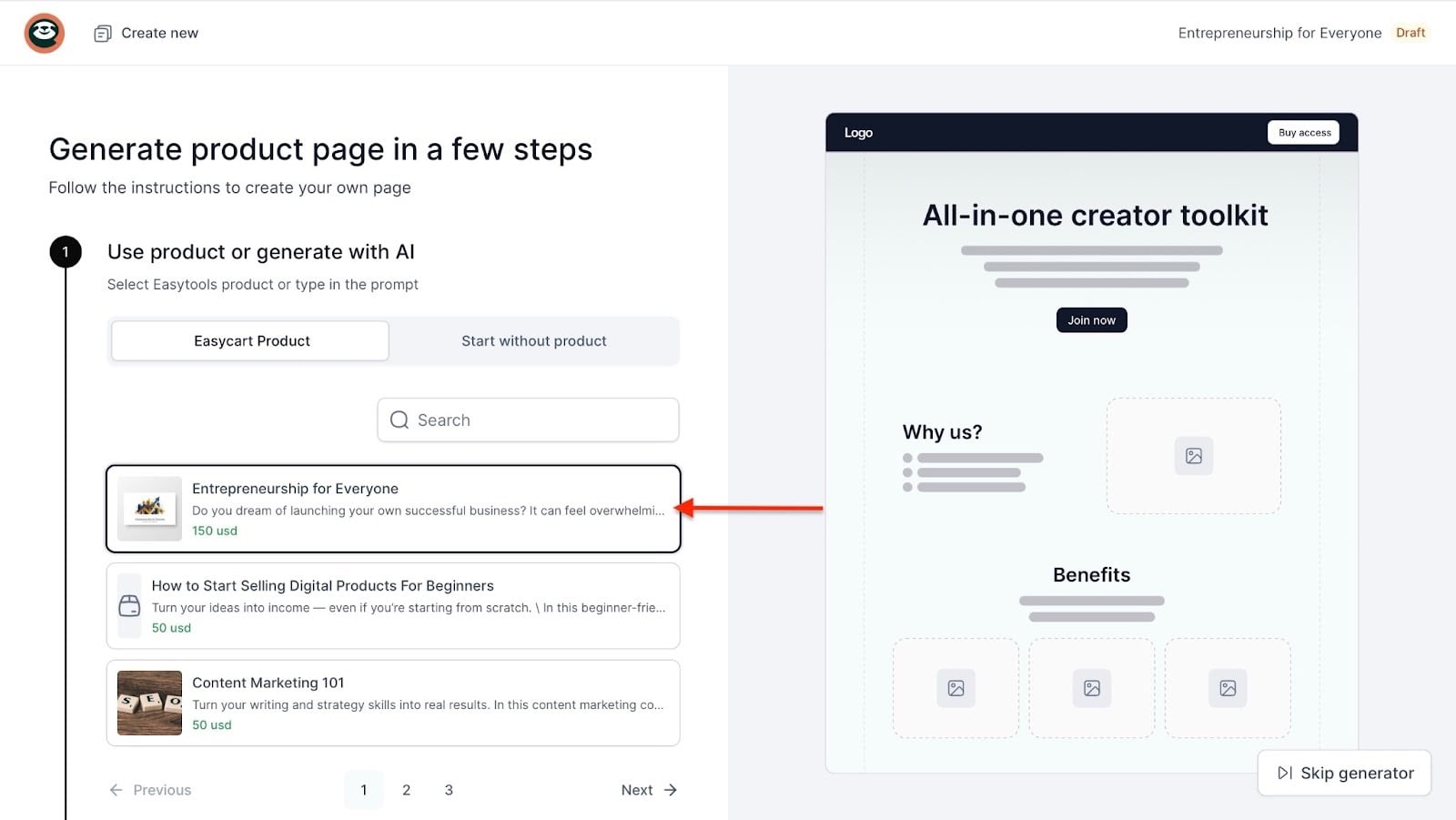 sélection de produit avec aperçu de la page