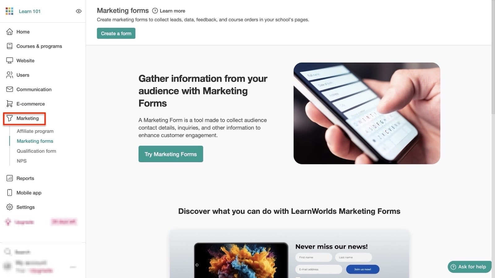 aperçu des formulaires marketing dans les meilleures alternatives à teachable