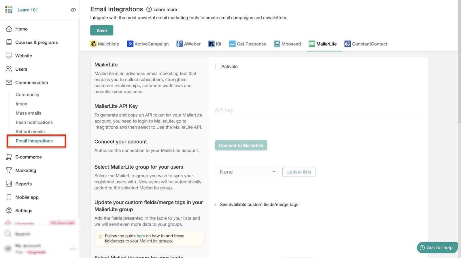 intégration email avec mailerlite