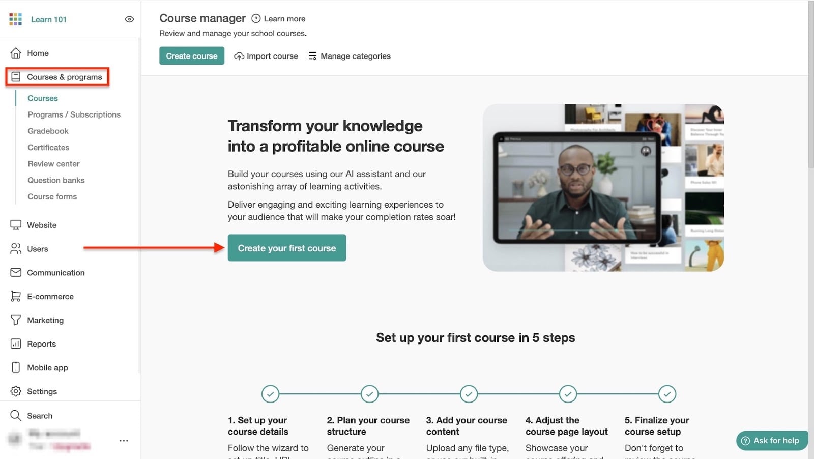 LearnWorlds: courses & programs affichant "Courses & programs"