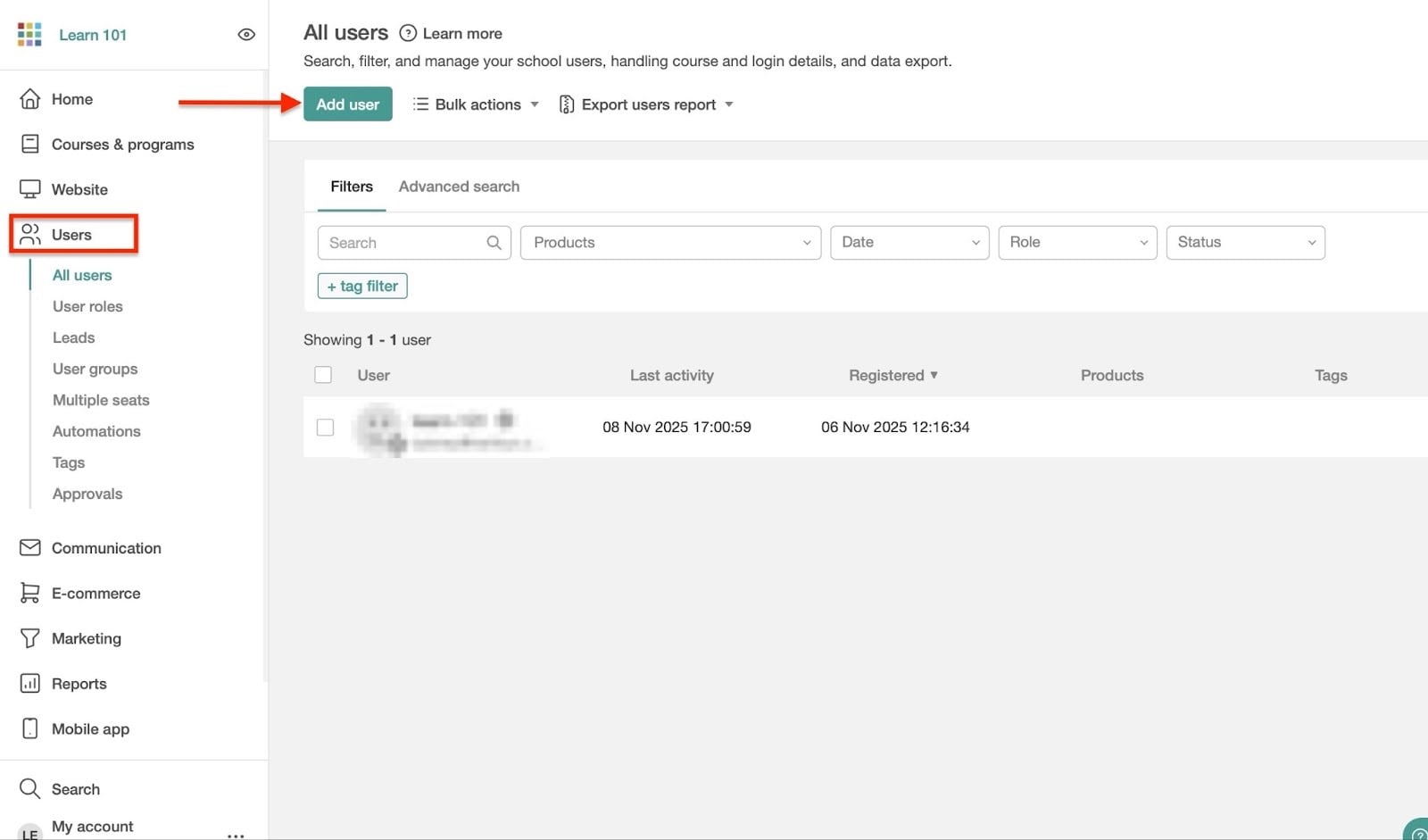 page des utilisateurs avec bouton add user