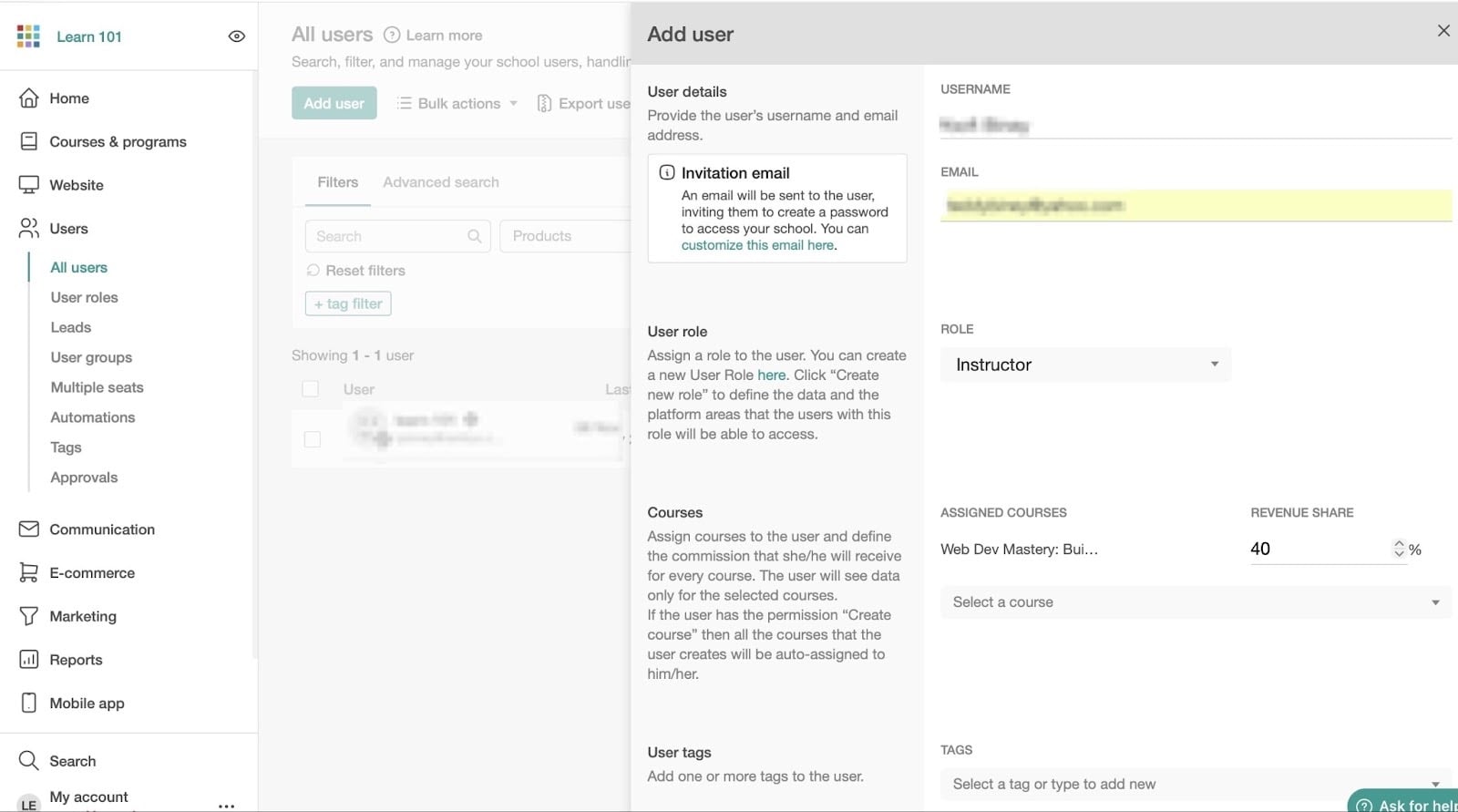 LearnWorlds: users affichant "Validation Rules" - créateur de formation