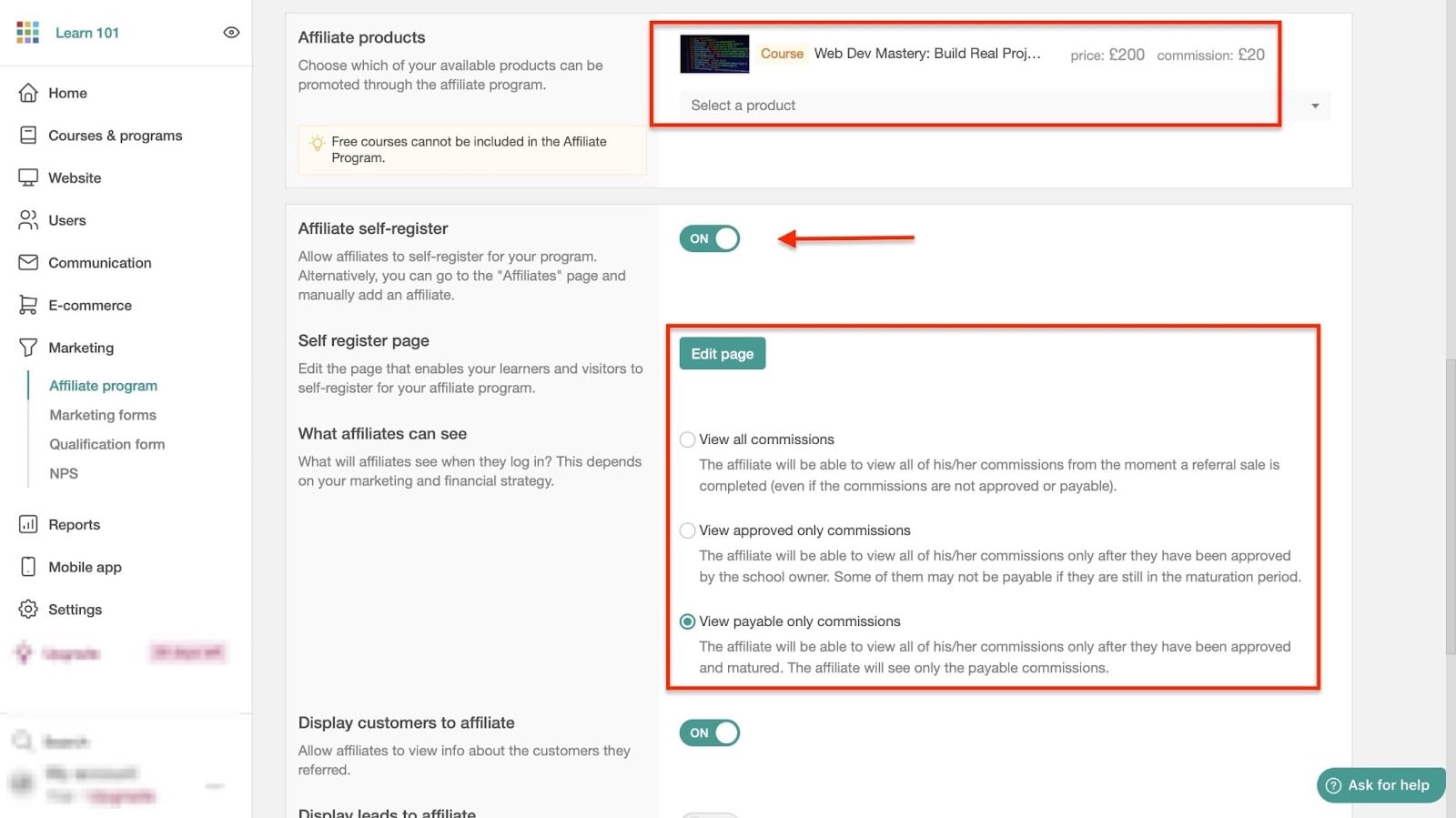 configuration du produit affilié et réglages des commissions