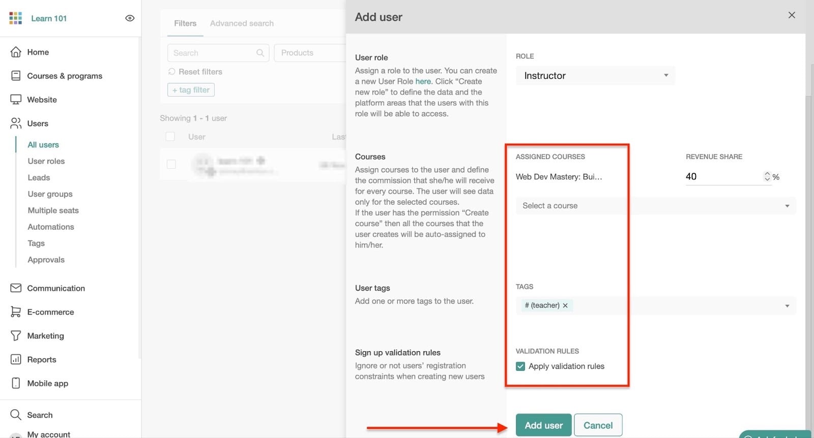 formations assignées et bouton add user