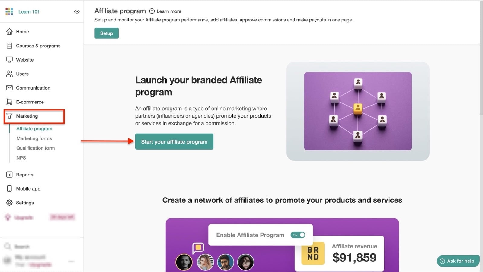 fenêtre du programme d'affiliation dans les meilleures alternatives à teachable