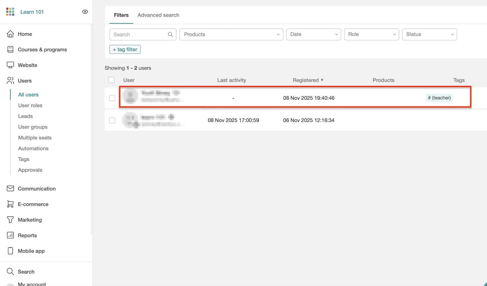 utilisateur enseignant dans la liste des utilisateurs