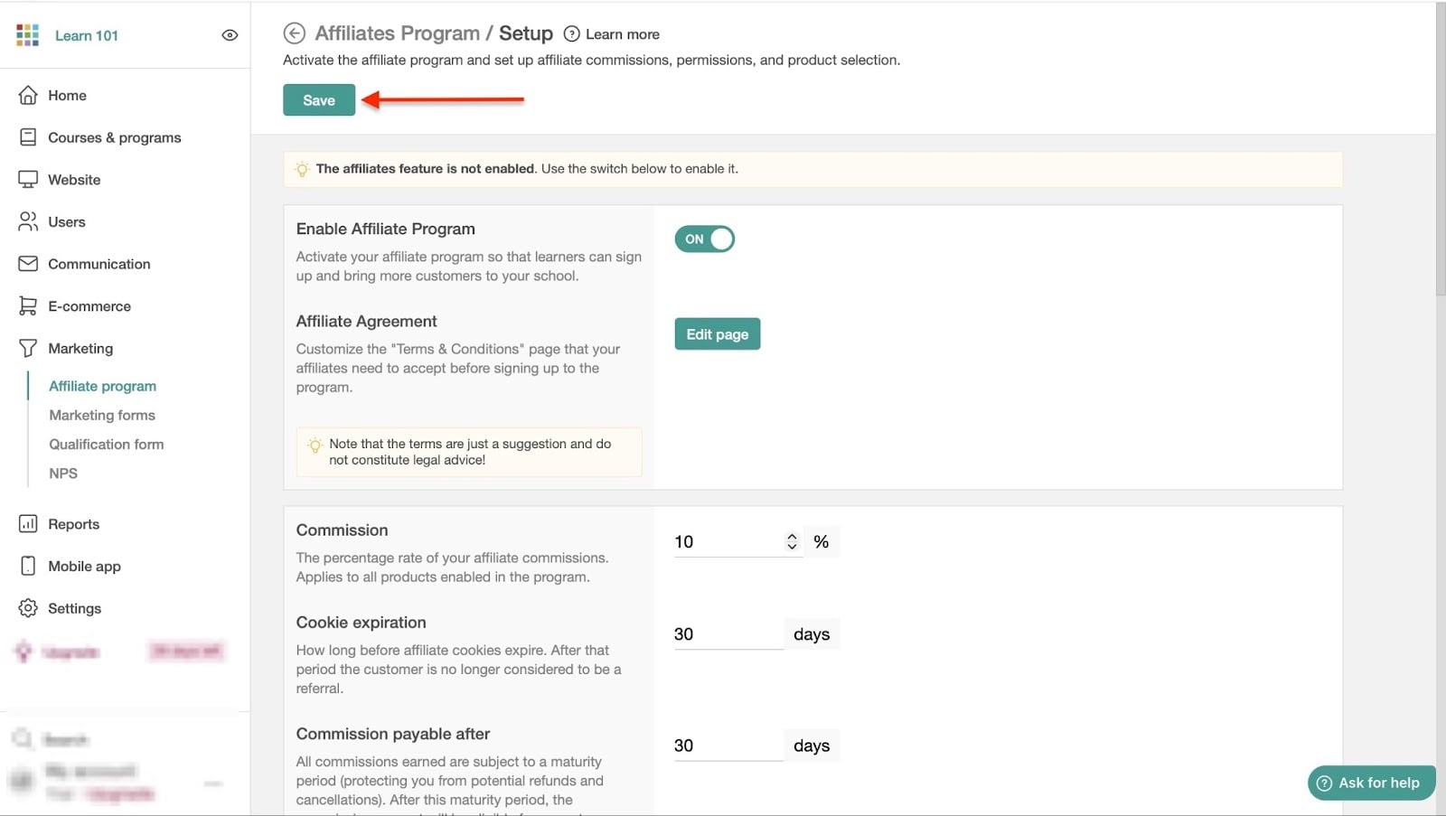 configuration de l'affiliation avec bouton save