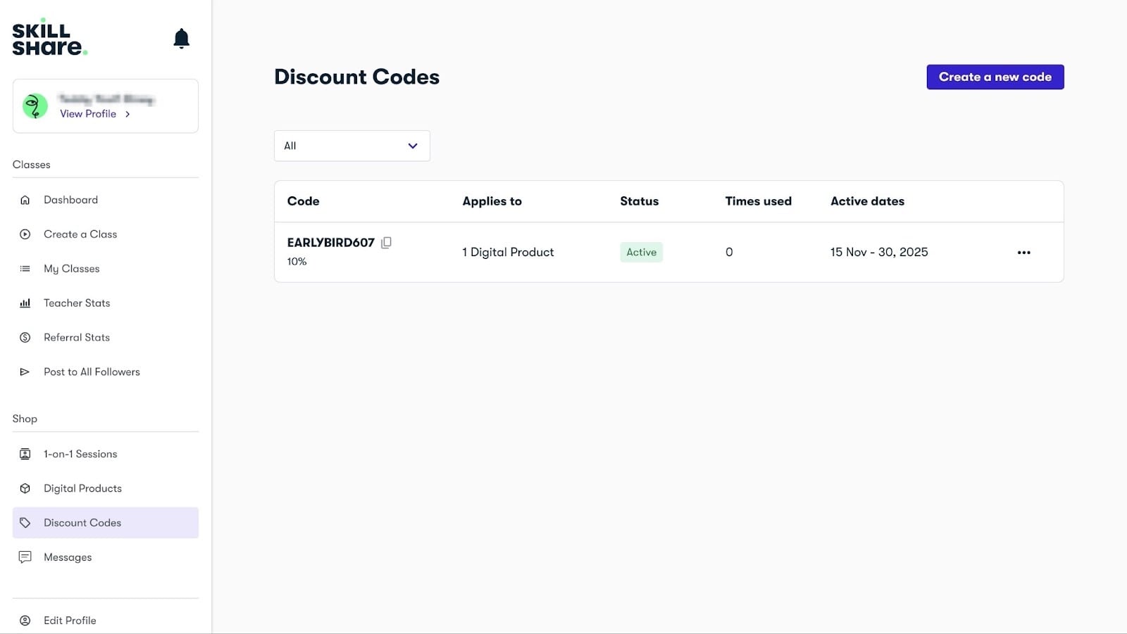 tableau des codes promo actifs