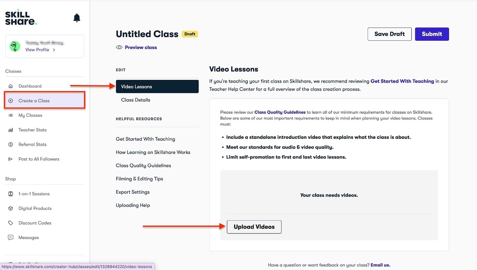 envoi de leçons vidéo pendant la création de la classe