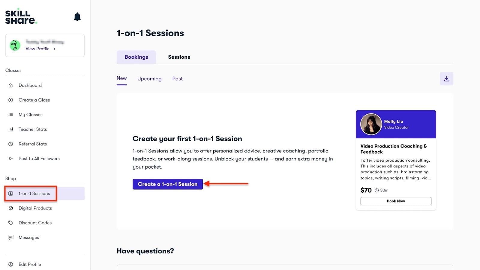 Skillshare: 1-on-1 sessions affichant "1-on-1 Sessions"