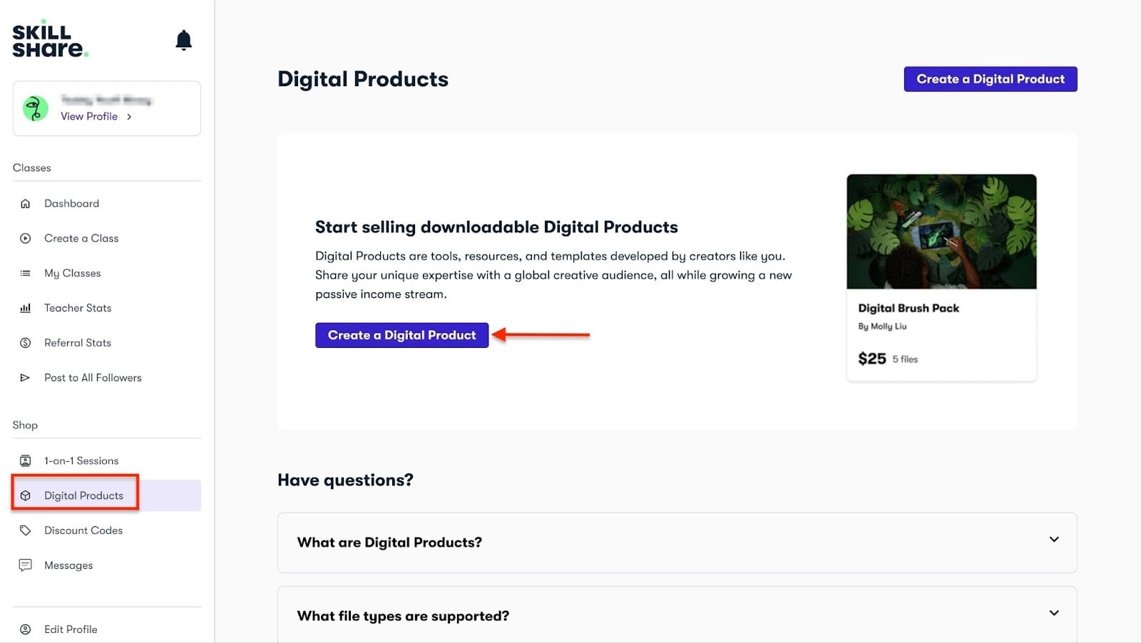 Skillshare: digital products affichant "Digital Products"