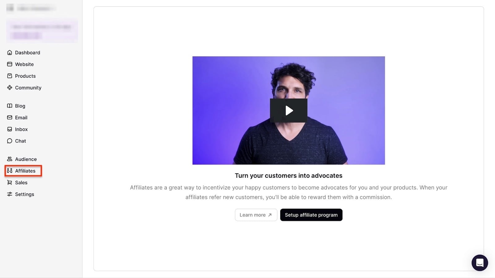 page de configuration de l'affiliation avec vidéo d'introduction