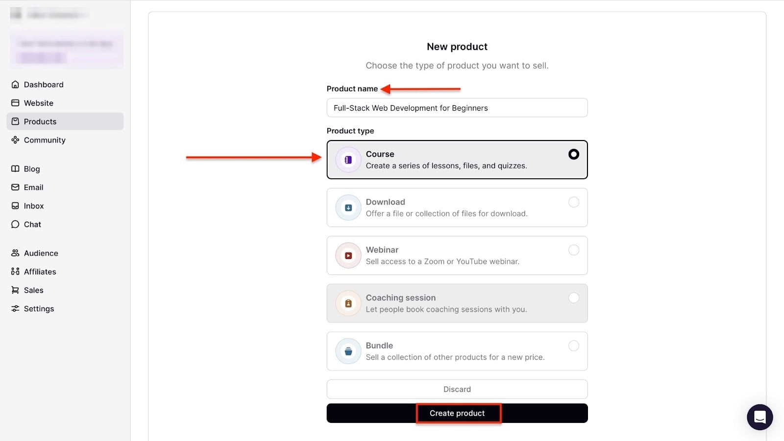 Podia: products affichant "Create product" - créateur de formation