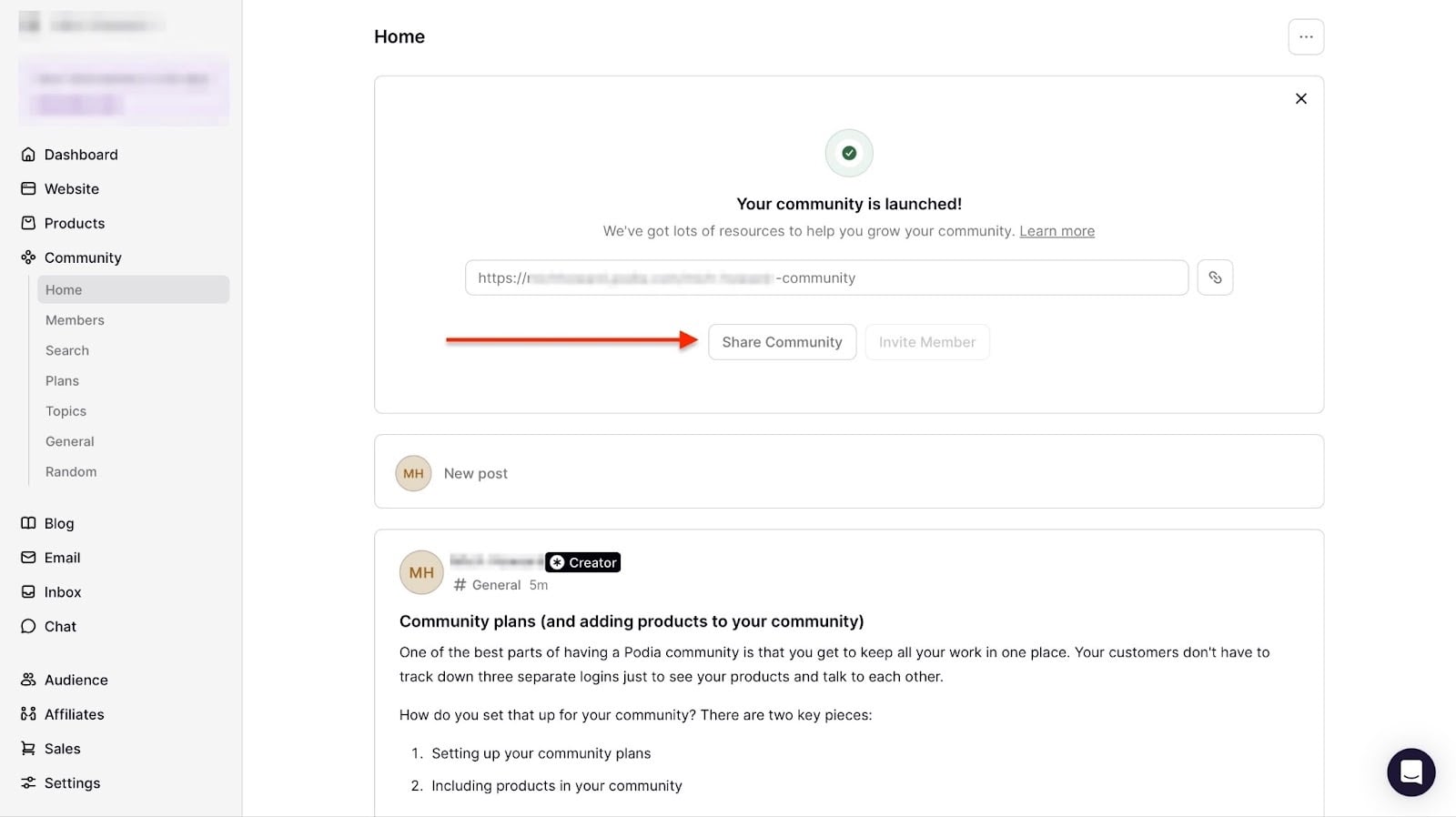 bouton share community sur le tableau de bord