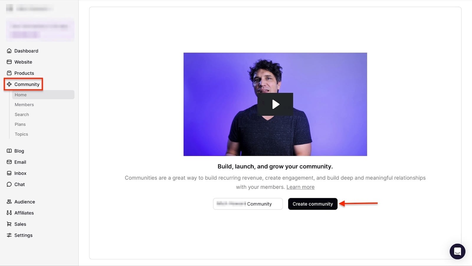 page de configuration de la communauté avec bouton create