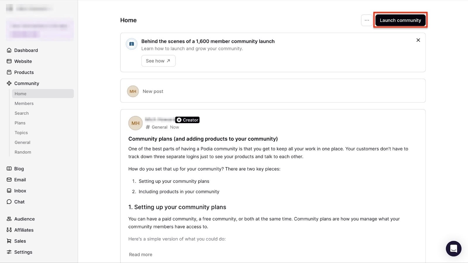 bouton launch community depuis la fenêtre d'accueil