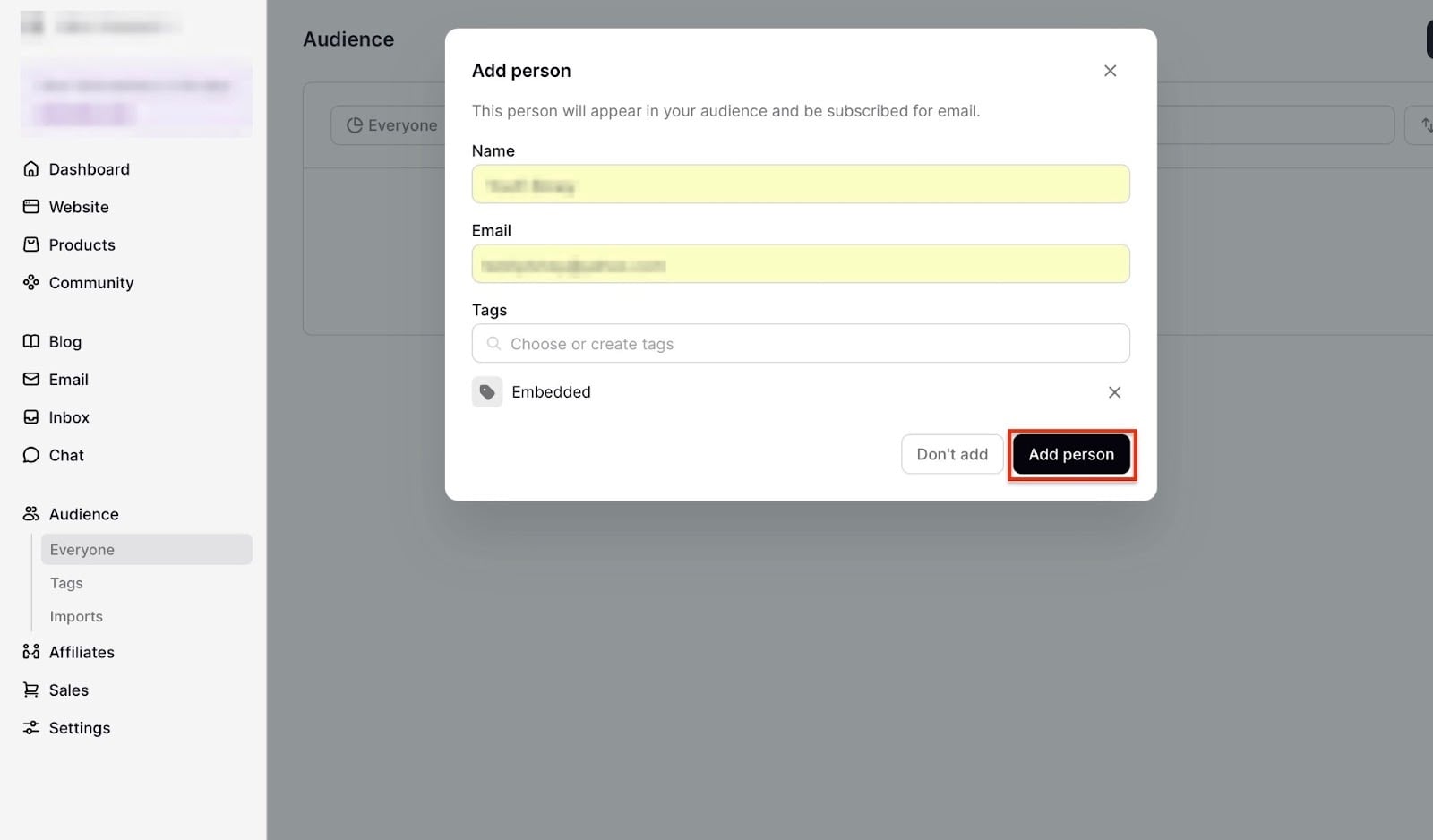 Podia: audience affichant "Add person"