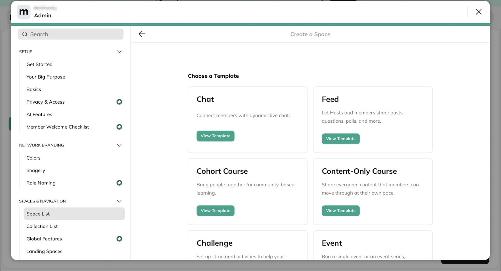 options de templates pour créer un espace