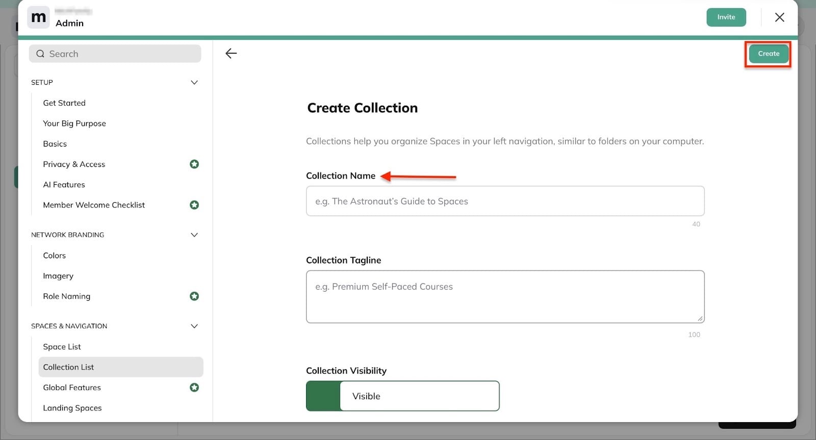 champ du nom de la collection avec le bouton create