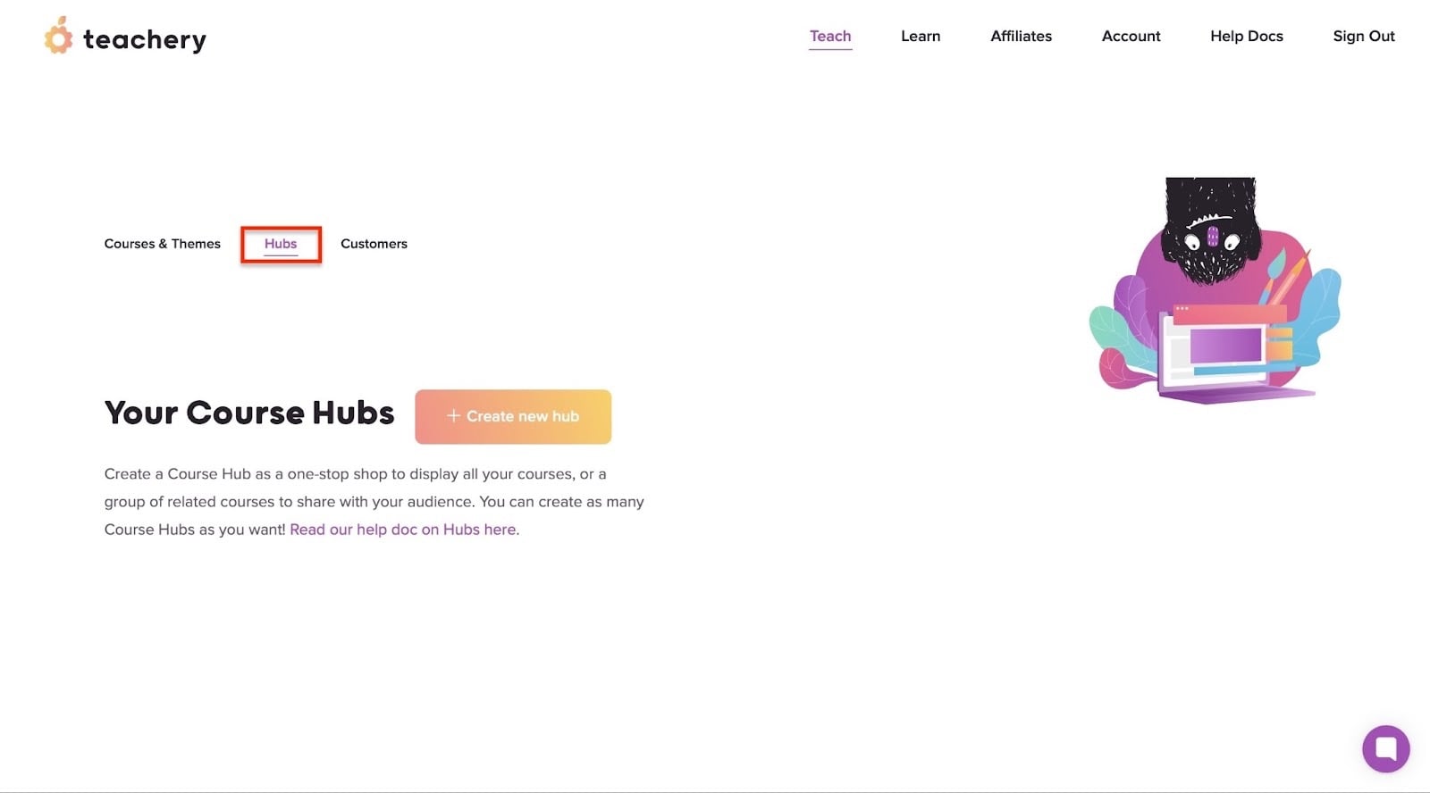 vue de l'onglet hubs de formations et bouton de création