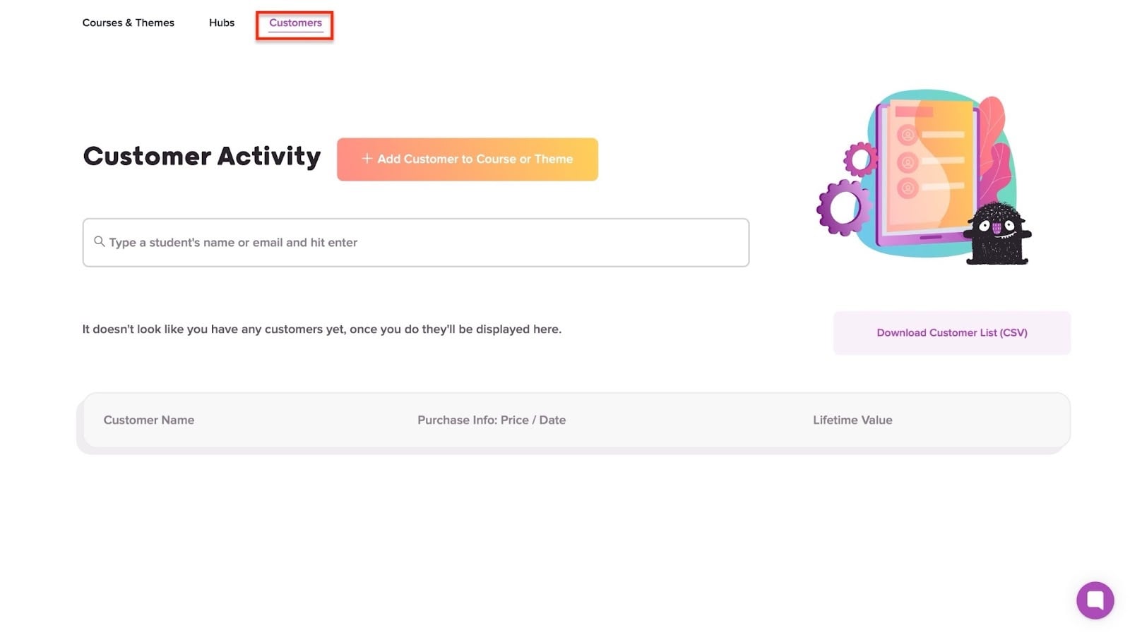 aperçu de la section activité des clients