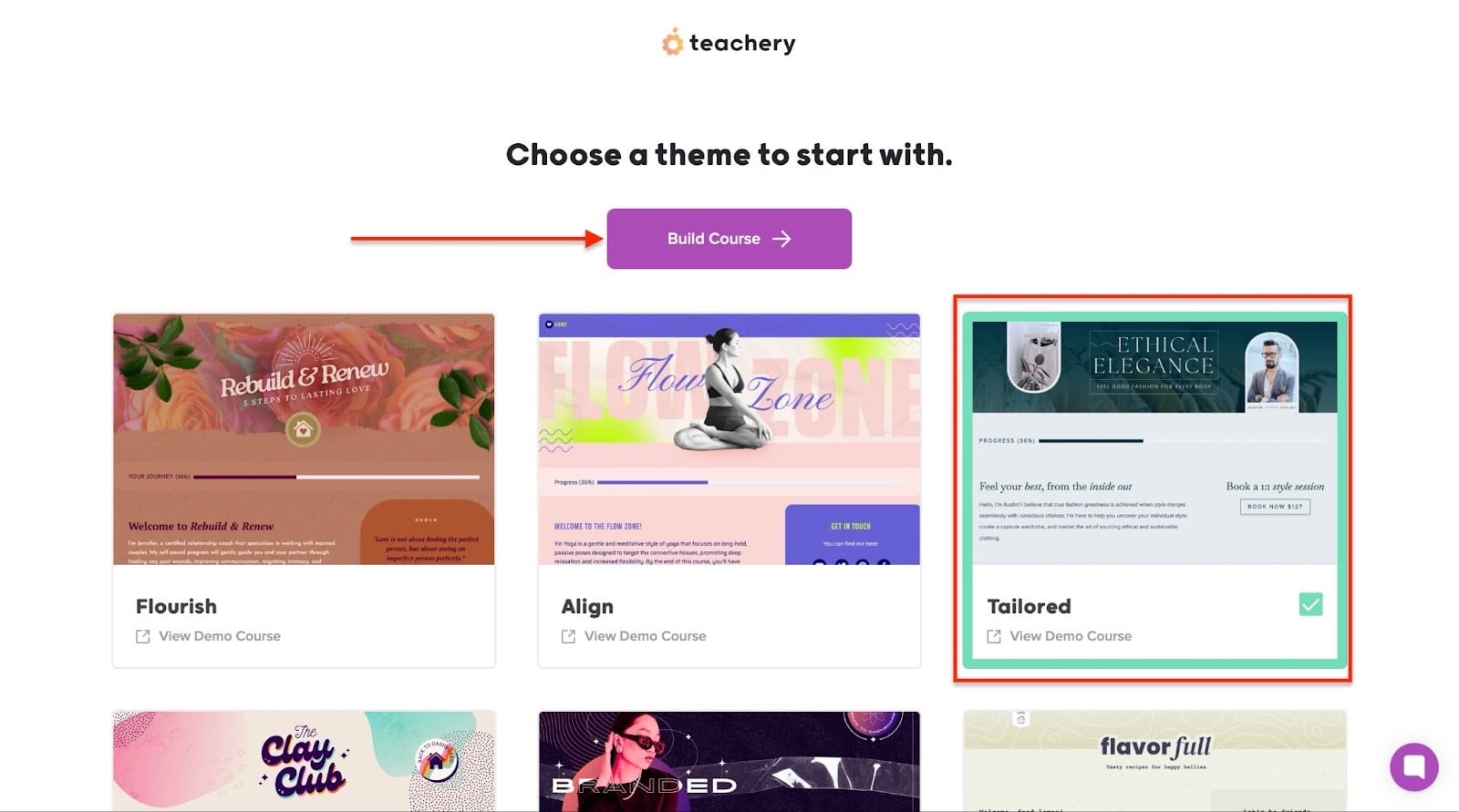 Teachery: courses & themes affichant "Build Course" - créateur de site