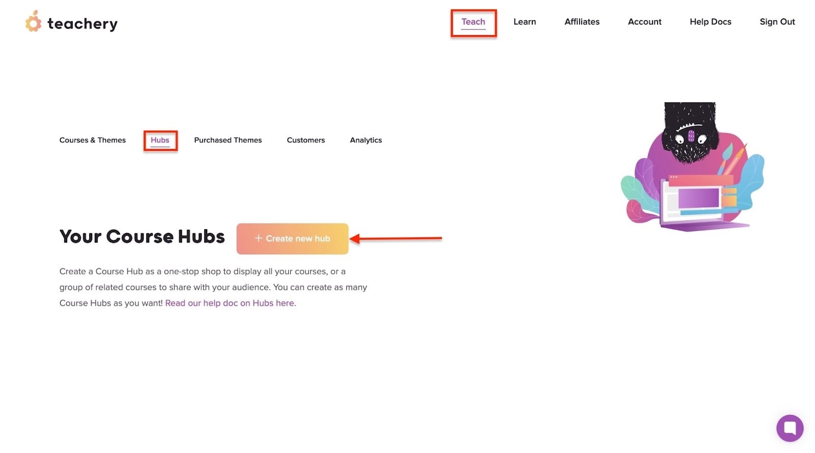 page des hubs de formations avec bouton de création dans teachery