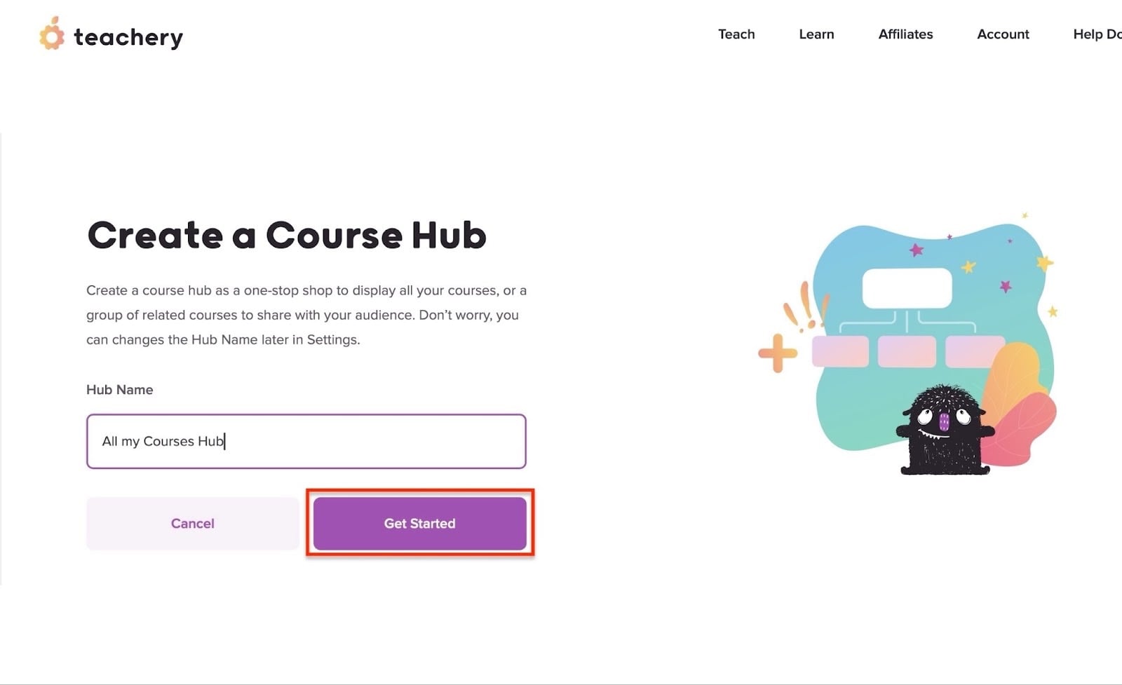 Teachery: hubs affichant "Get Started" - créateur de formation