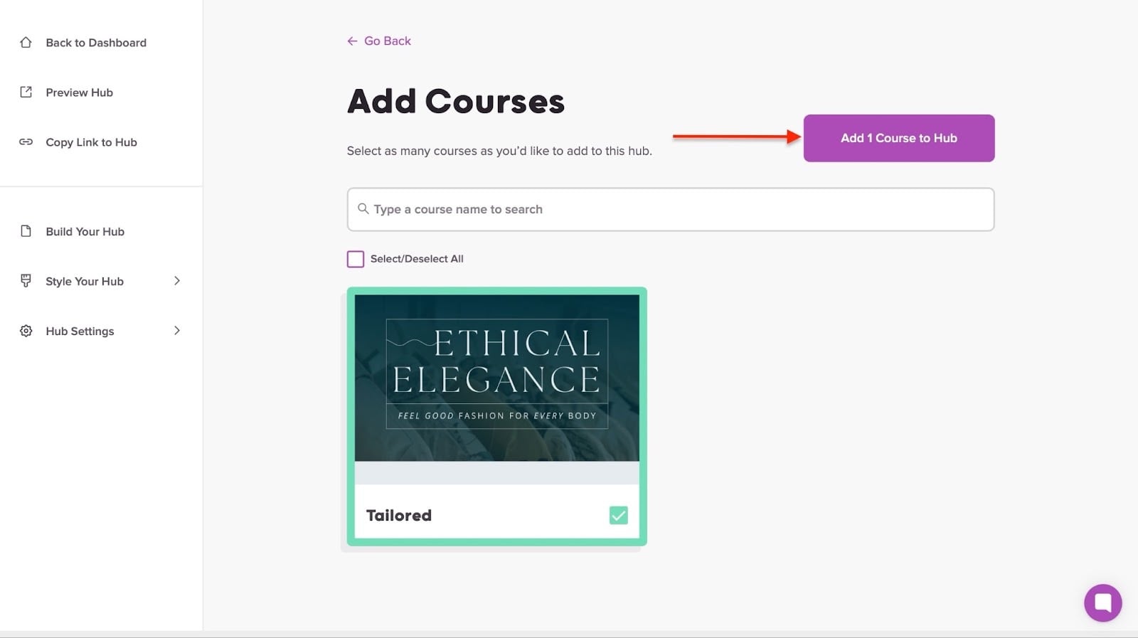 Teachery: hubs affichant "Add 1 Course to Hub"