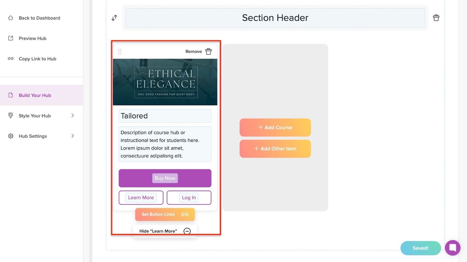 mise en page de la carte d'aperçu des formations du hub