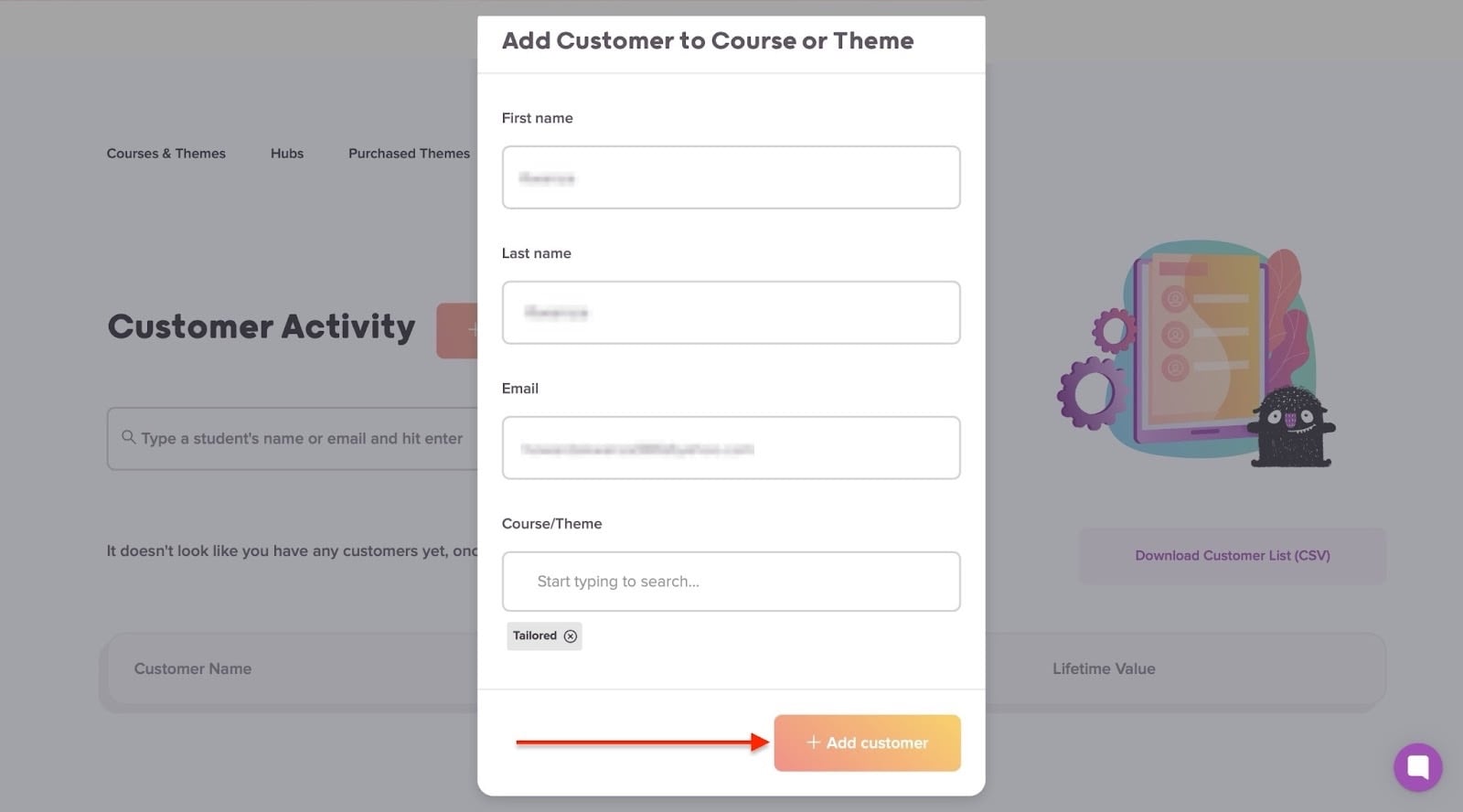 Teachery: customers affichant "+ Add customer"