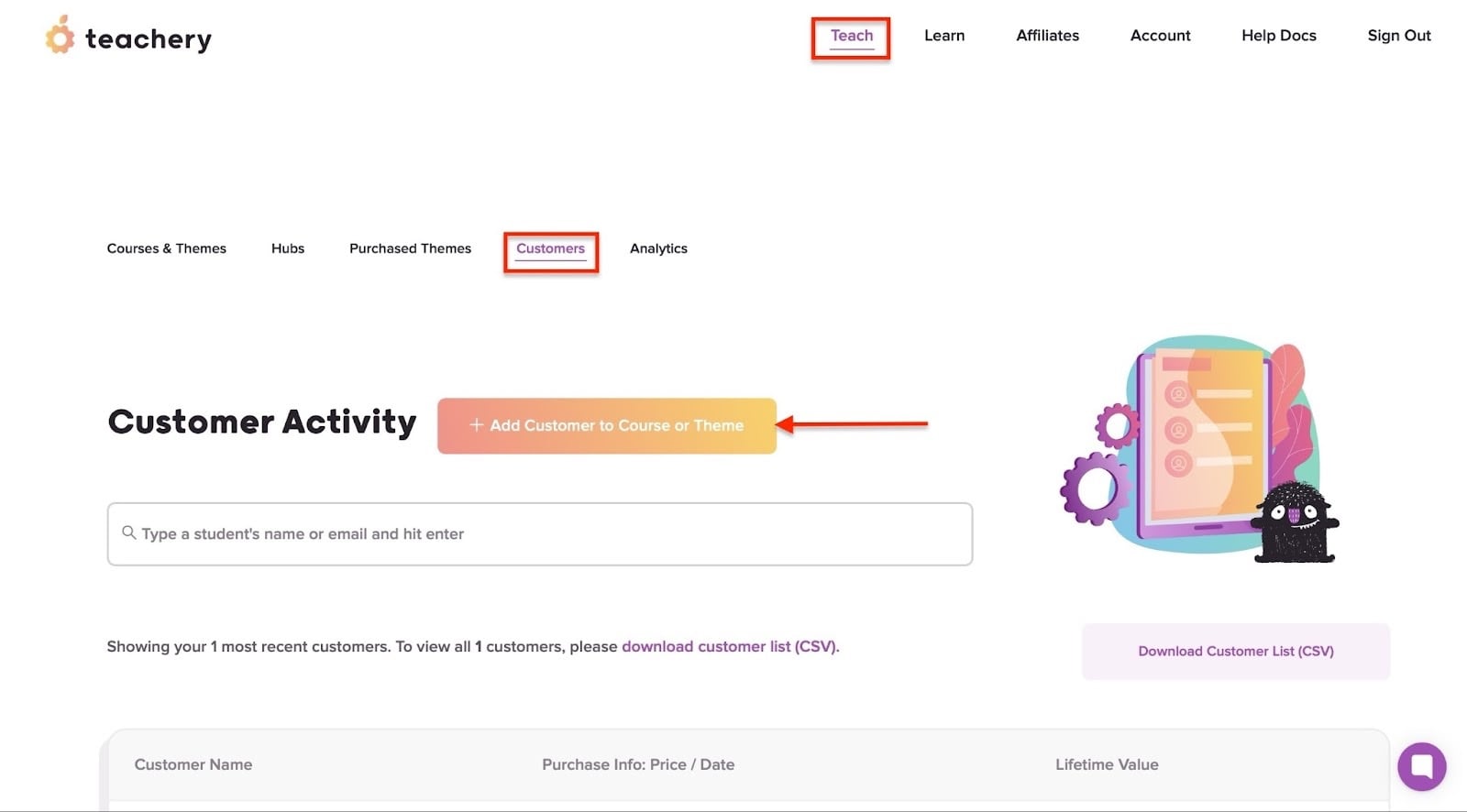 page d'activité des clients dans des alternatives utiles à teachable
