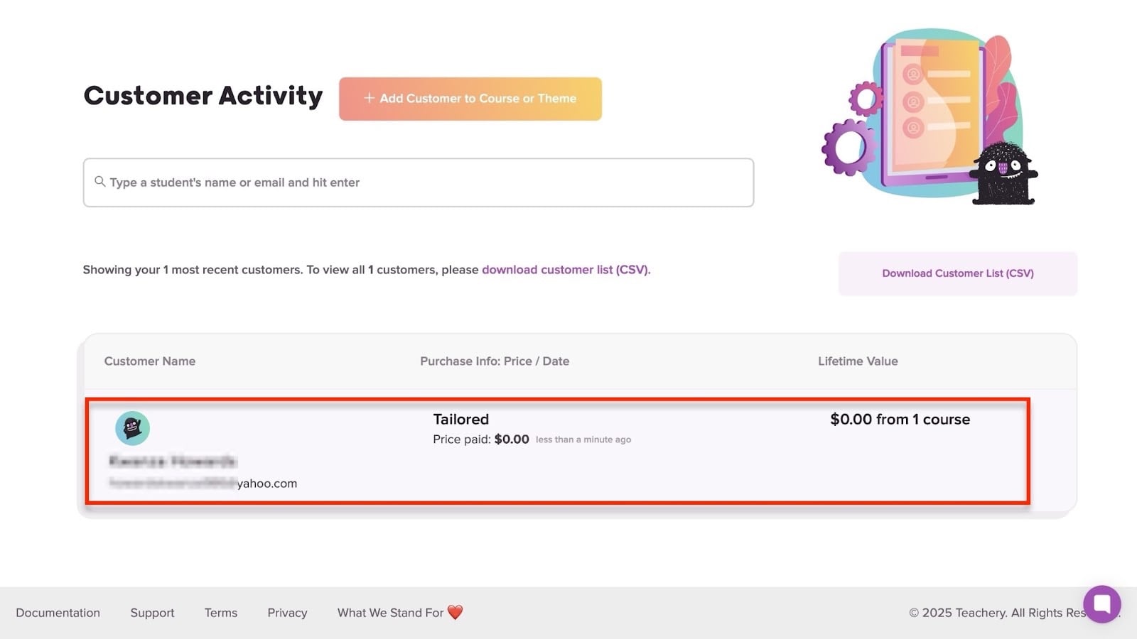 détails de l'achat client dans la section activité