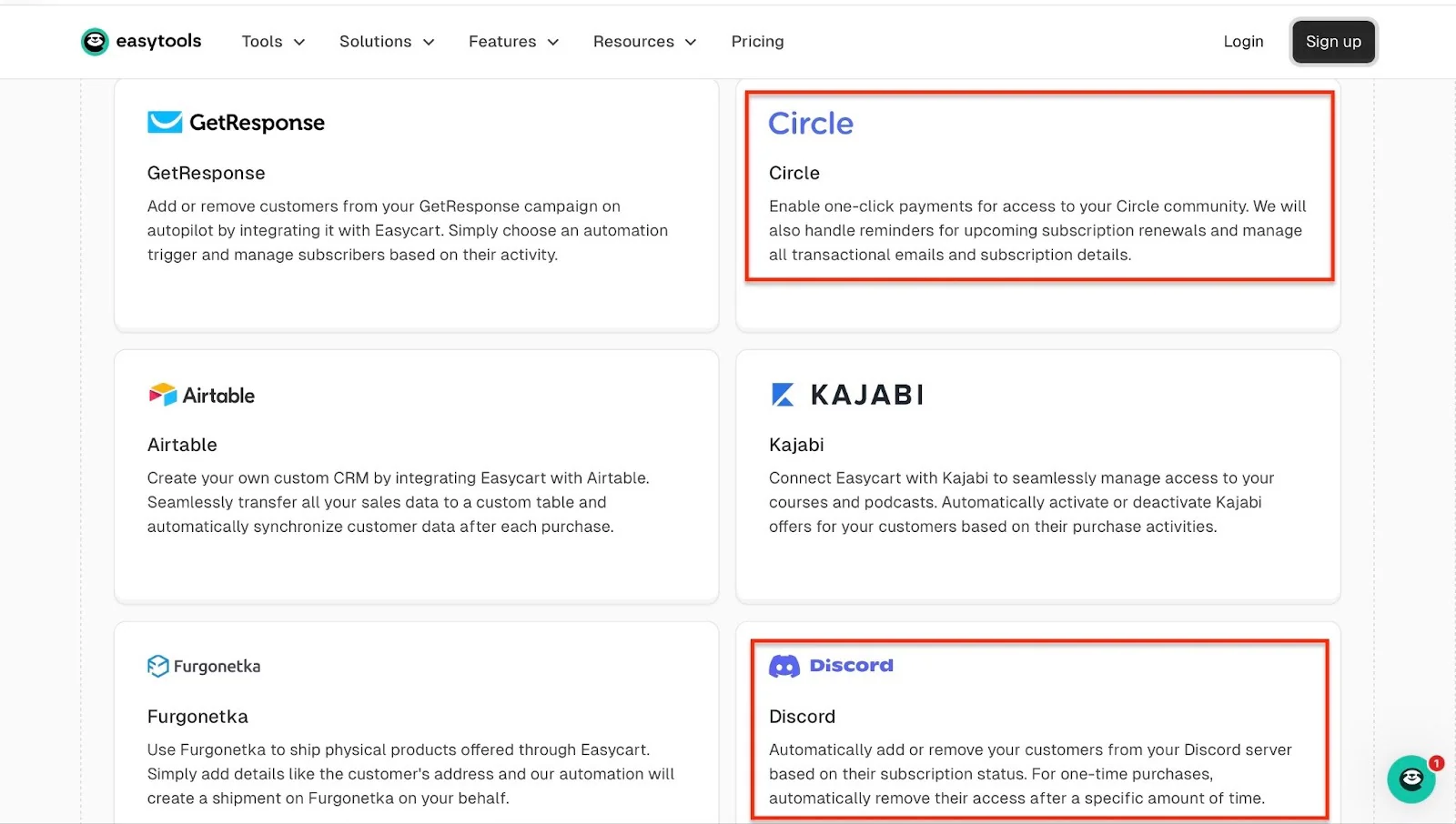 intégrations pour les communautés circle et discord