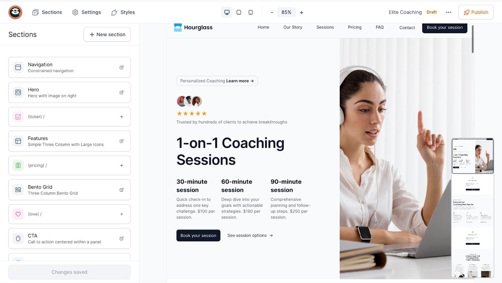 landing page de séances de coaching