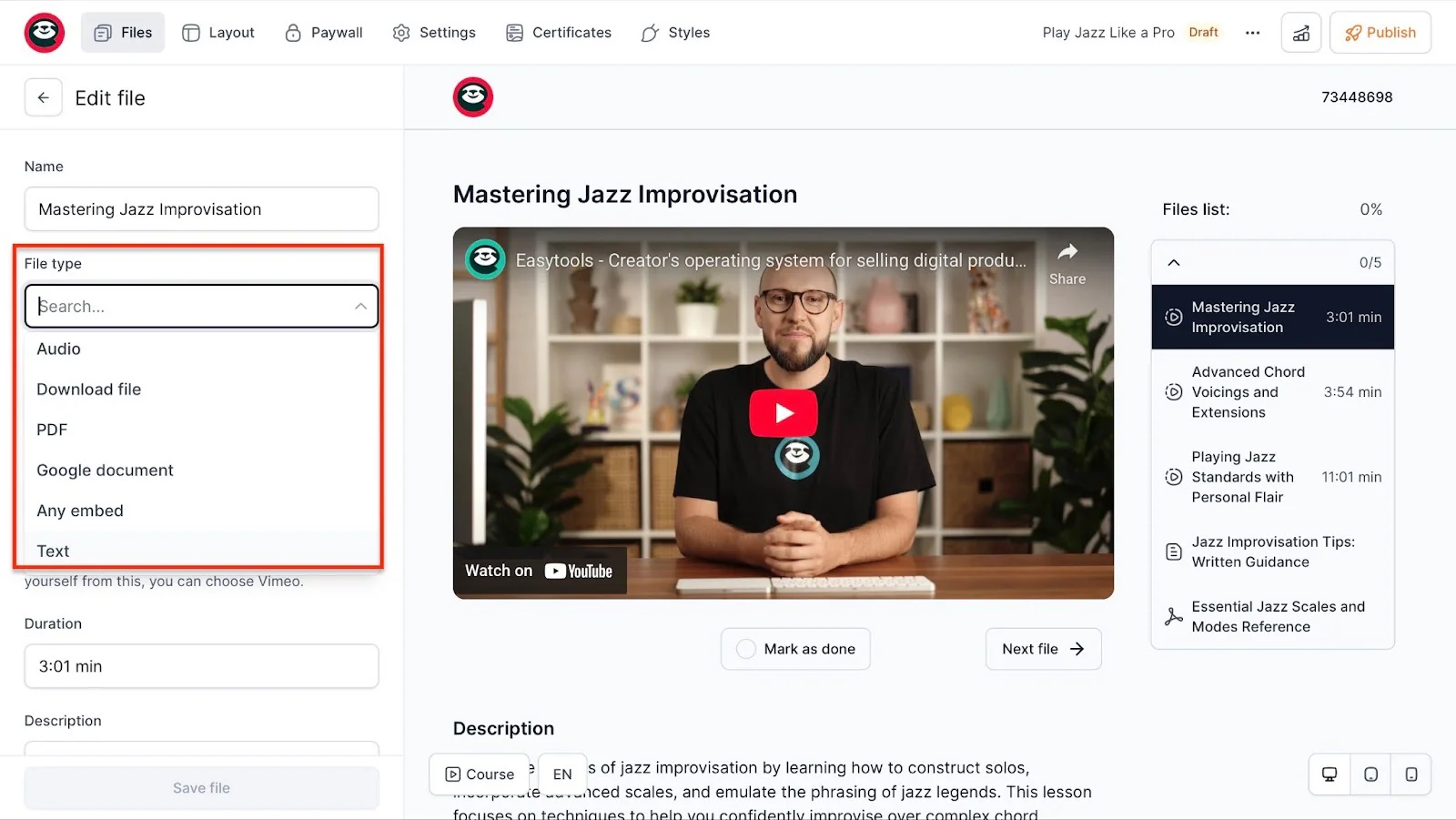 modifier le type de fichier pour la formation mastering jazz