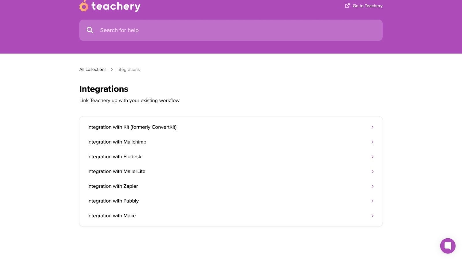 page de la liste des intégrations teachery