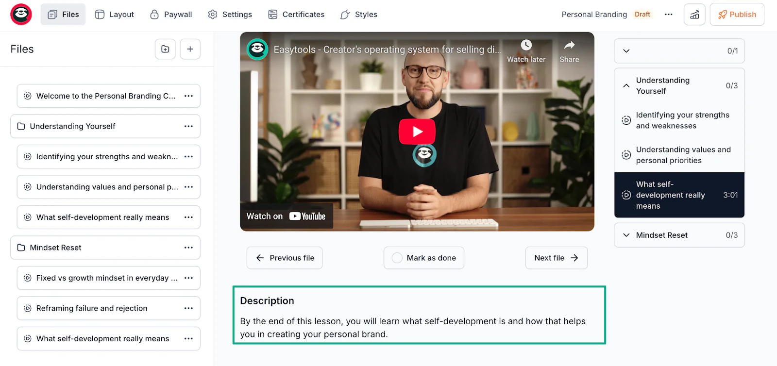 lesson description section in easytools