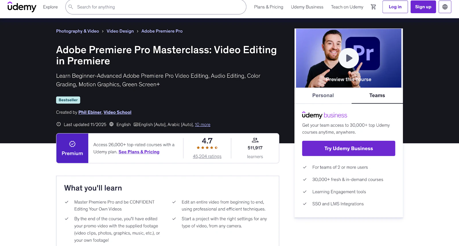 video editing course in Udemy