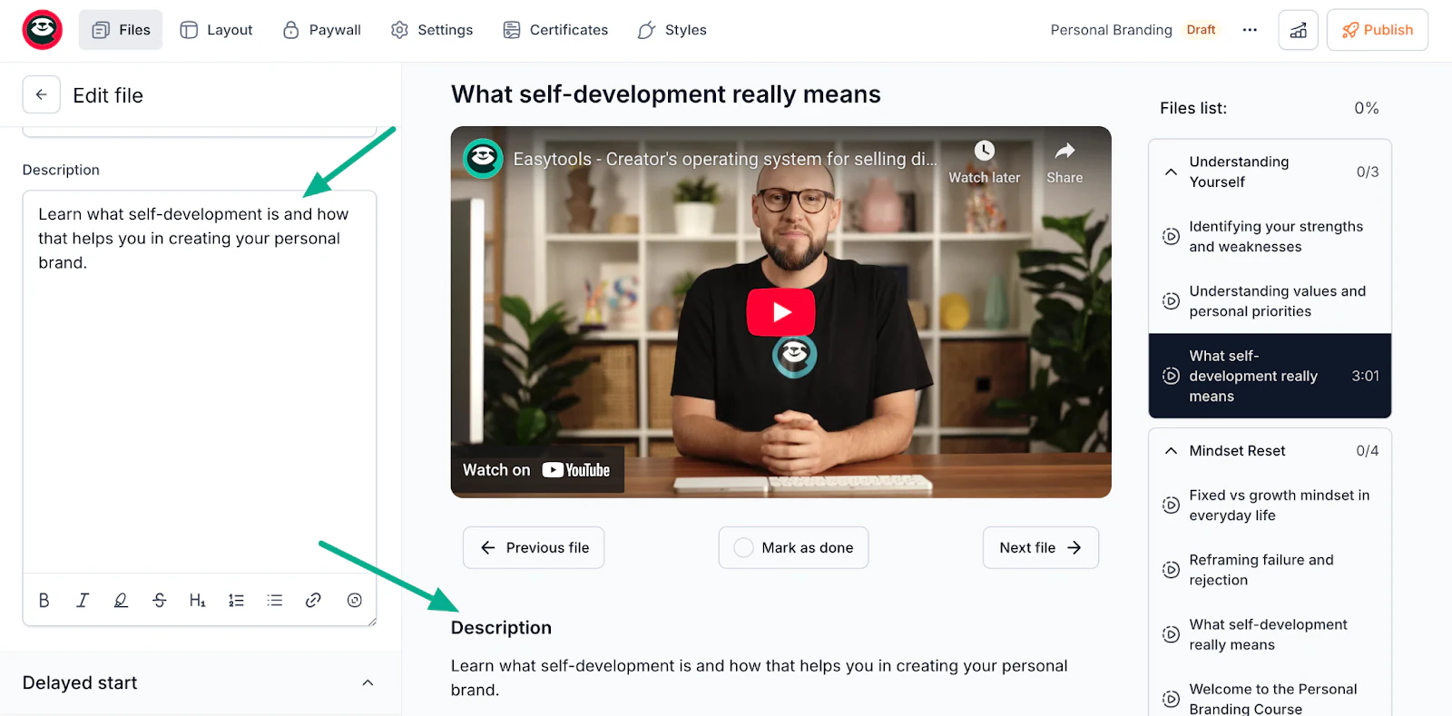 Easyplayer lesson description editor when creating online course