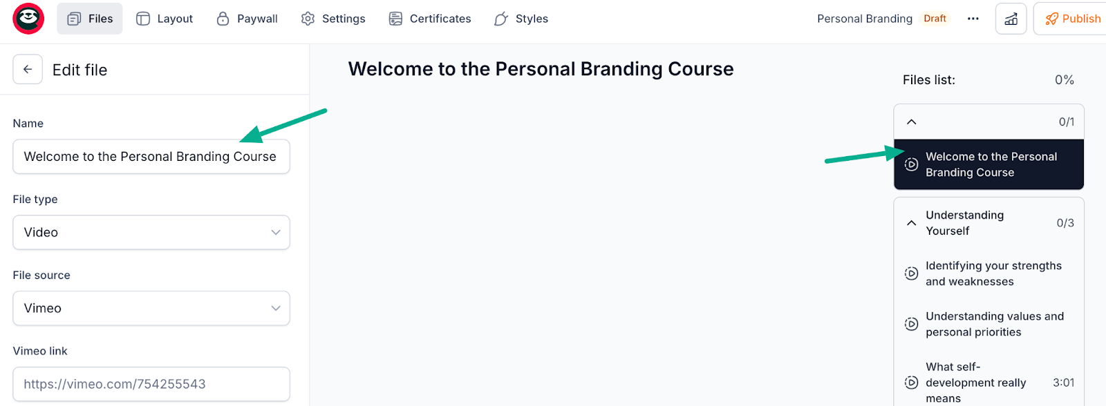 course welcome title displayed