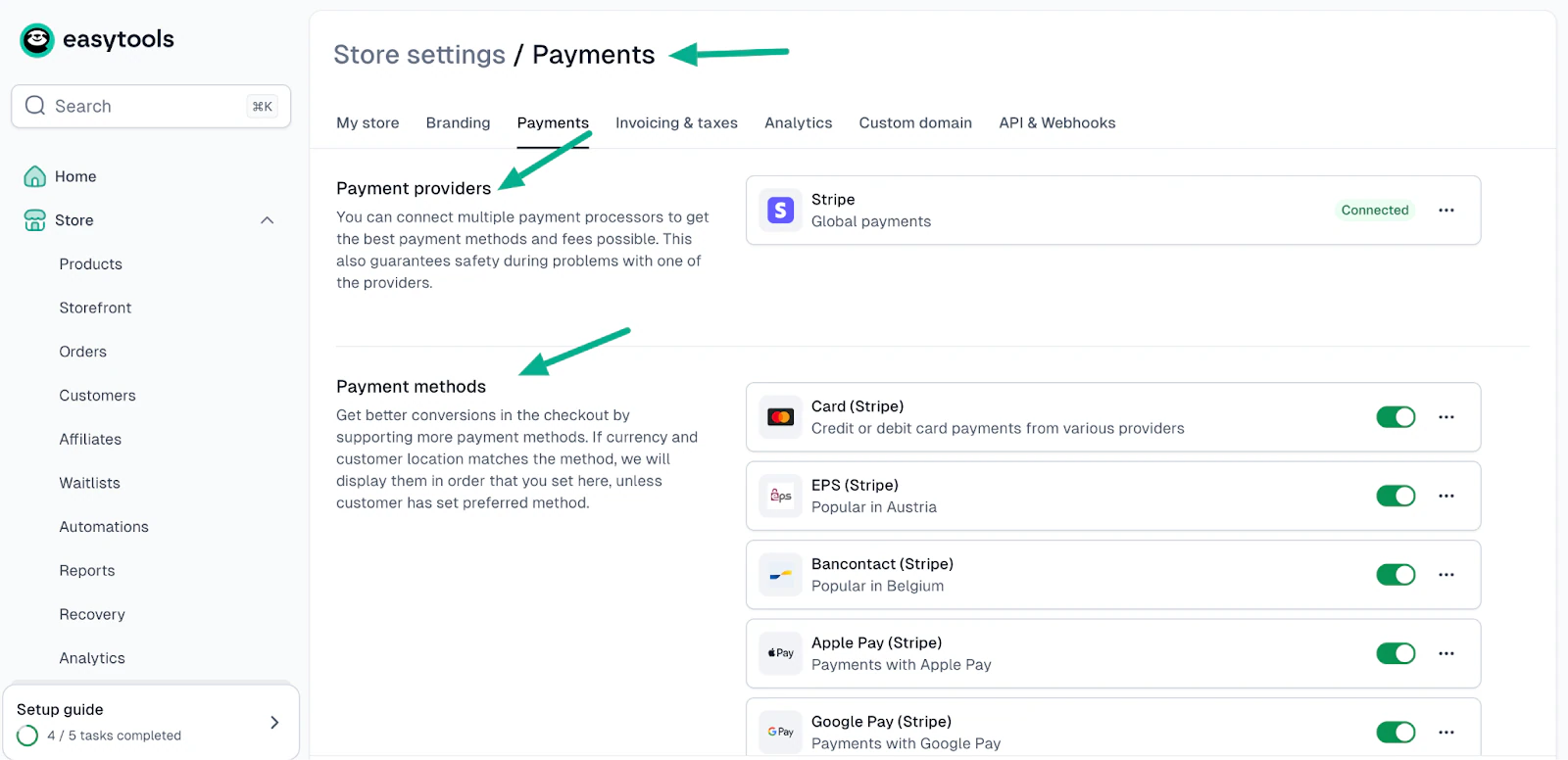 store payment providers and methods section