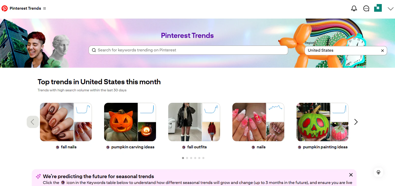 pinterest trends page with top searches