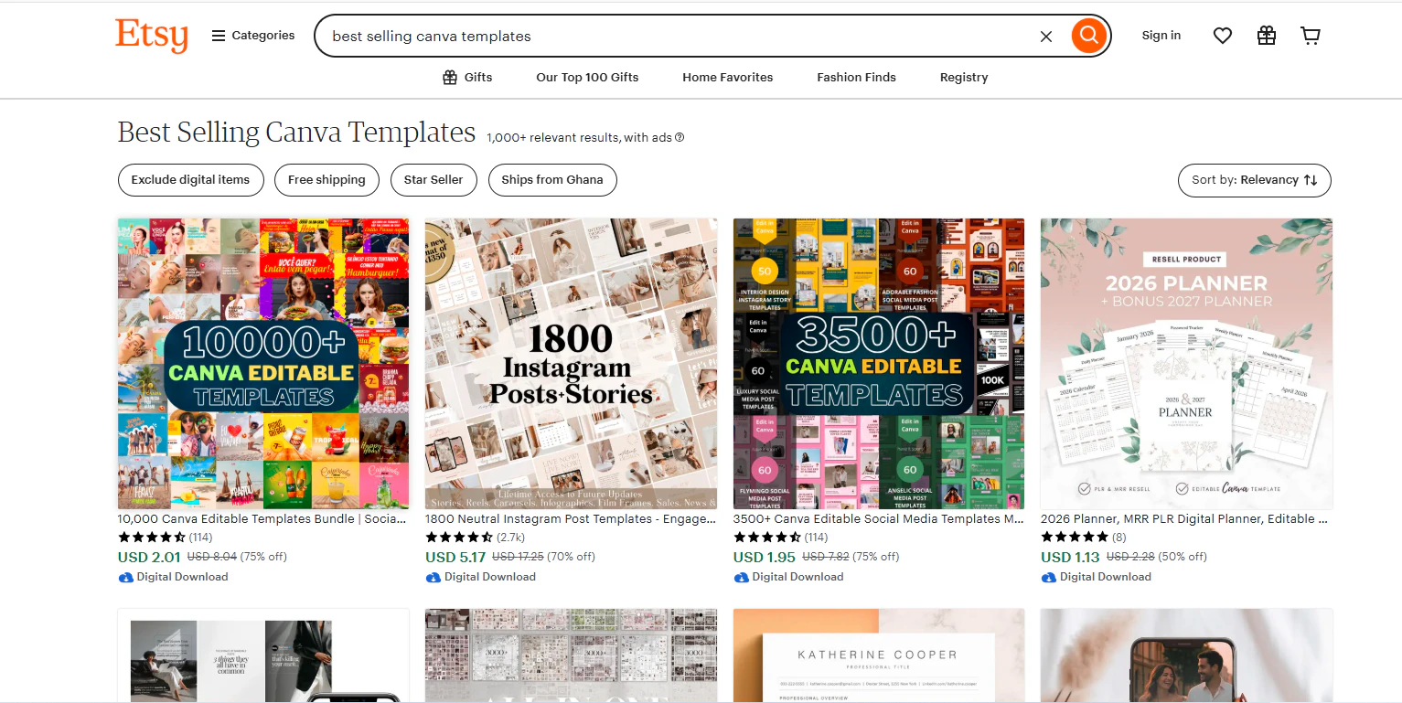 etsy results for best selling canva templates