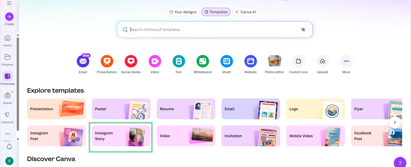 canva template categories with instagram story