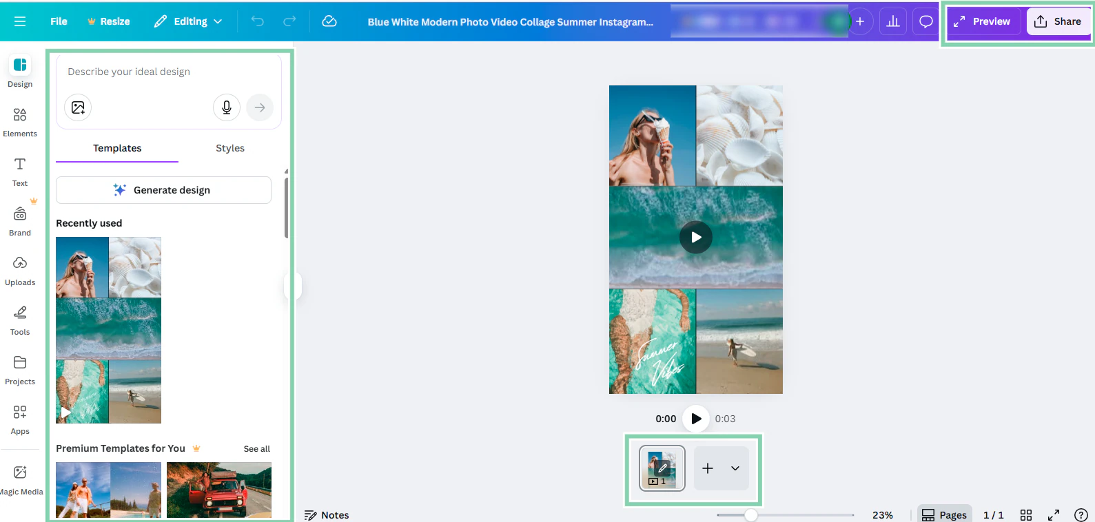 design workspace with template sidebar open